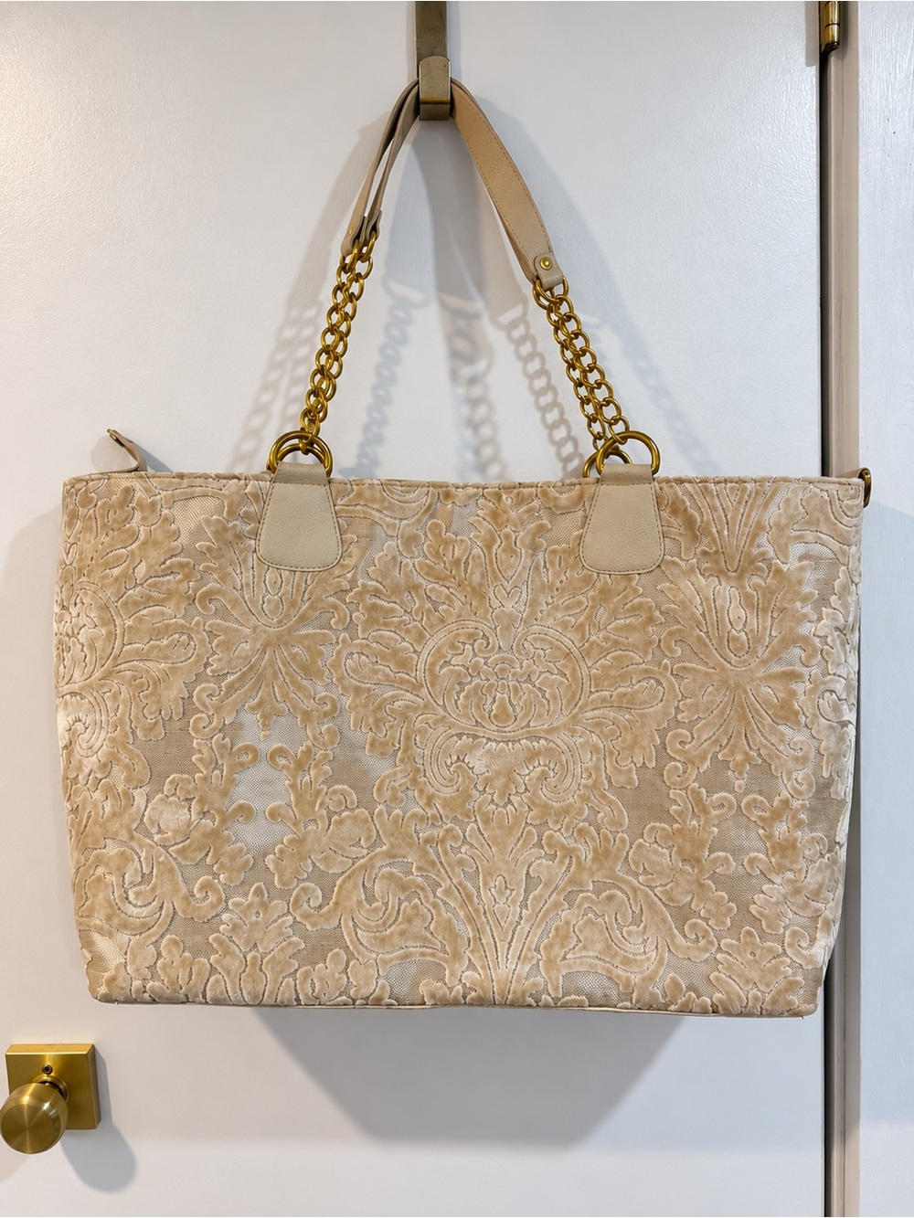 Beige Embossed Velvet Tote with Gold Chain Straps